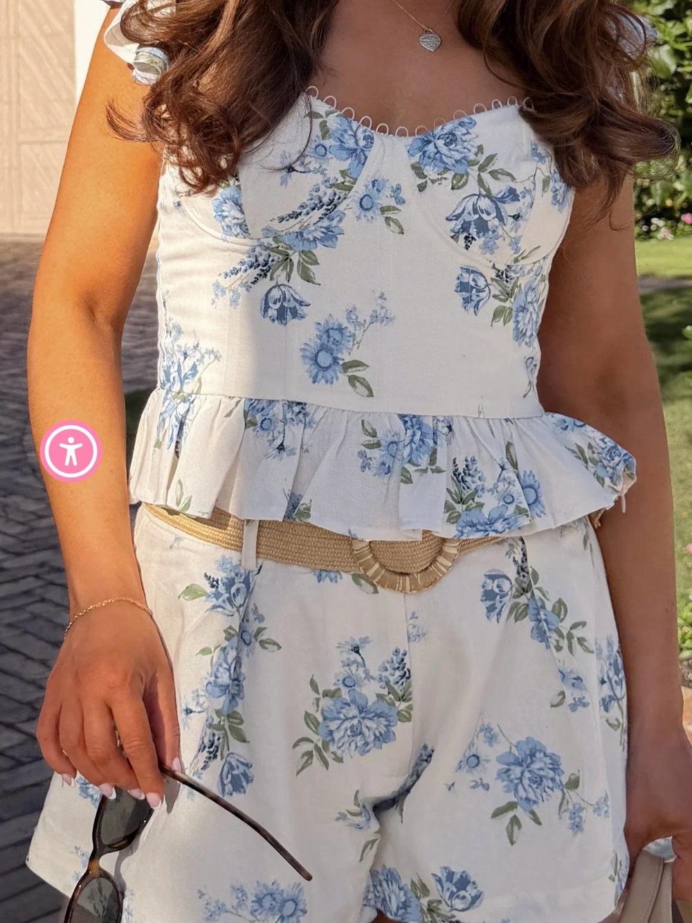 Floral Blue & White Peplum Crop Top and Shorts Set